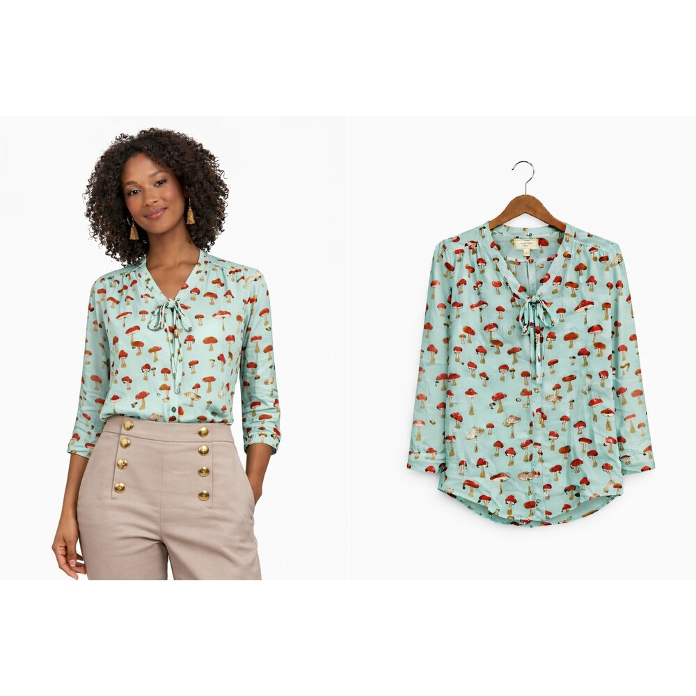 Anthropologie MOULINETTE SOEURS Silk Beaded Blouse Top Size 4 Mushroom Toadstool